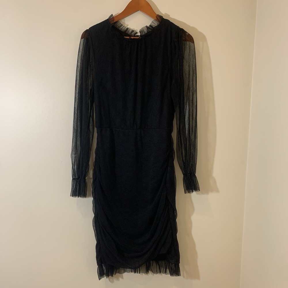 Zenobia Women Midi Dress XL Black Mesh Overlay Ruched Body Con Witchy Whimsigoth